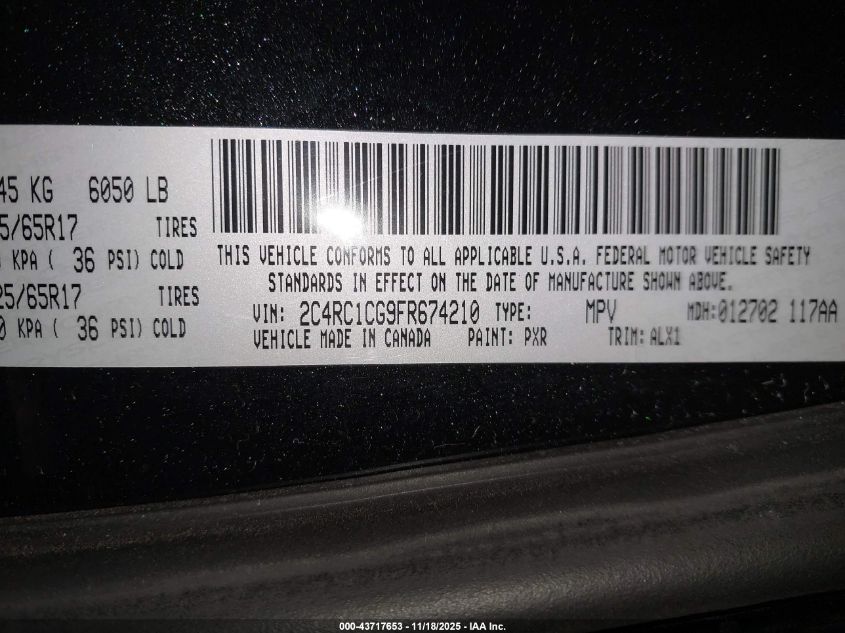 2015 Chrysler Town & Country Touring-L VIN: 2C4RC1CG9FR674210 Lot: 43717653