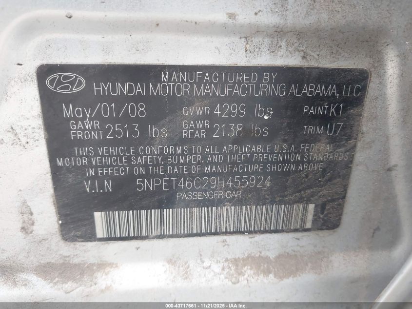 2009 Hyundai Sonata Gls VIN: 5NPET46C29H455924 Lot: 43717661