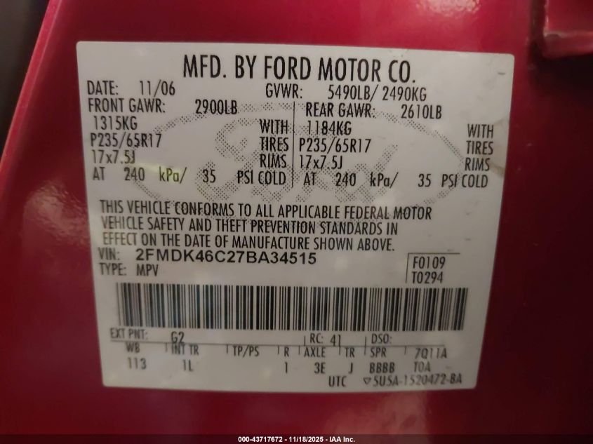 2007 Ford Edge Se VIN: 2FMDK46C27BA34515 Lot: 43717672