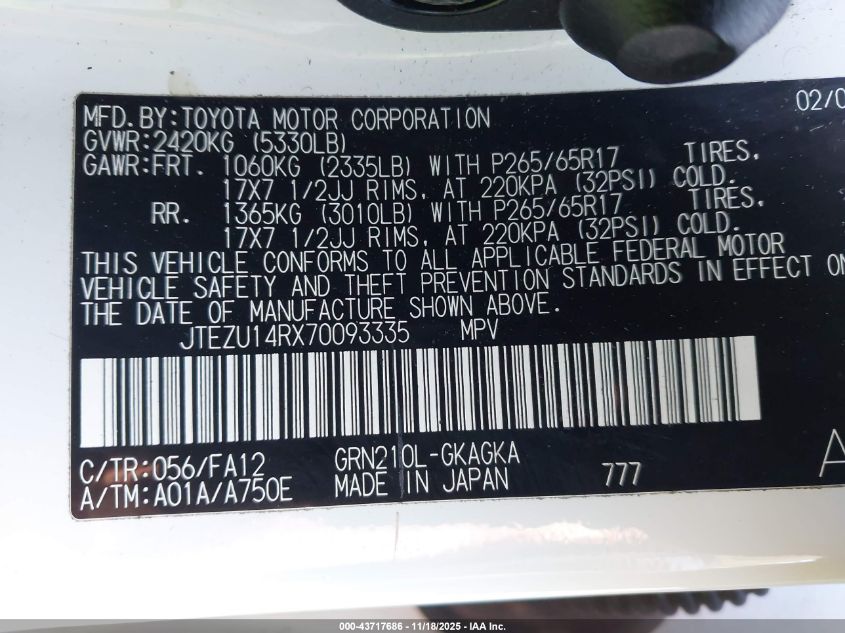 2007 Toyota 4Runner Sr5 V6 VIN: JTEZU14RX70093335 Lot: 43717686