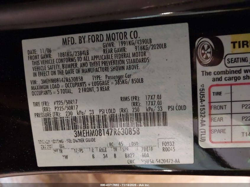 2007 Mercury Milan V6 Premier VIN: 3MEHM08147R630858 Lot: 43717692