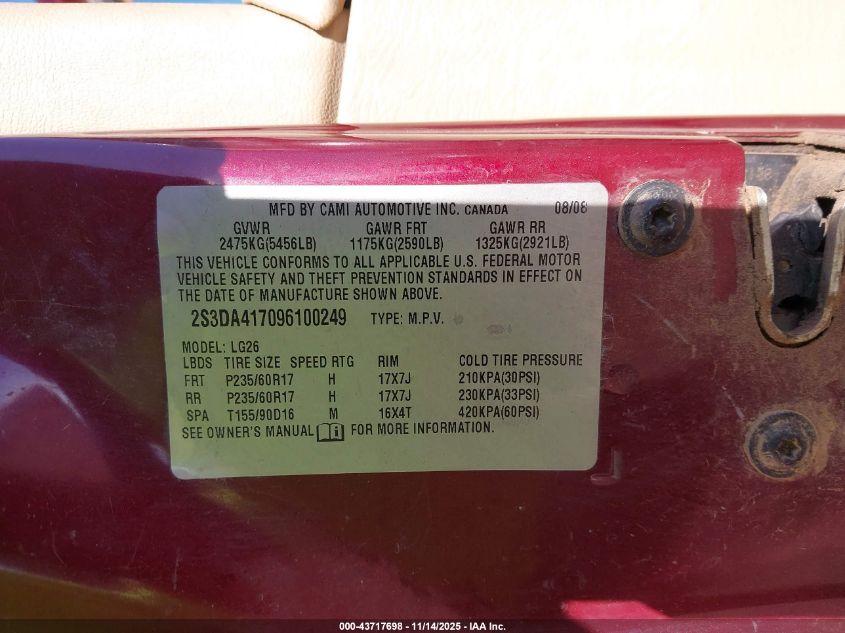 2009 Suzuki Xl7 Luxury VIN: 2S3DA417096100249 Lot: 43717698