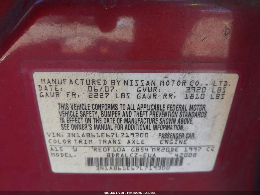 2007 Nissan Sentra 2.0 VIN: 3N1AB61E67L719300 Lot: 43717720