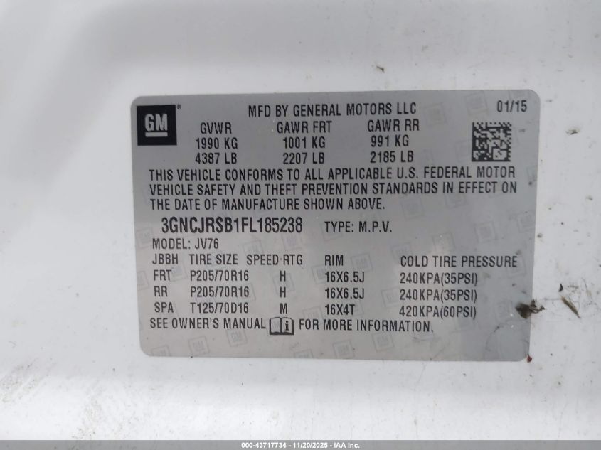 2015 Chevrolet Trax Lt VIN: 3GNCJRSB1FL185238 Lot: 43717734