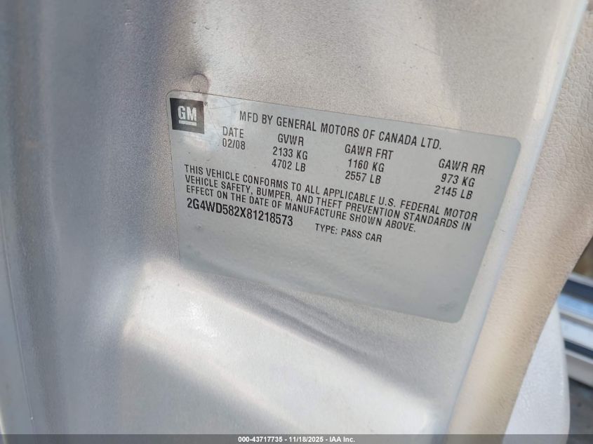 2008 Buick Lacrosse Cxl VIN: 2G4WD582X81218573 Lot: 43717735