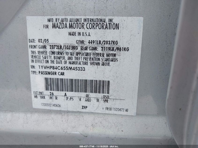 2005 Mazda Mazda6 I Sport VIN: 1YVHP84C655M45333 Lot: 43717746