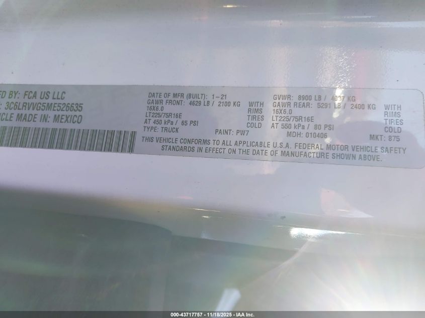 2021 Ram Promaster 2500 Low Roof 136 Wb VIN: 3C6LRVVG5ME526635 Lot: 43717757
