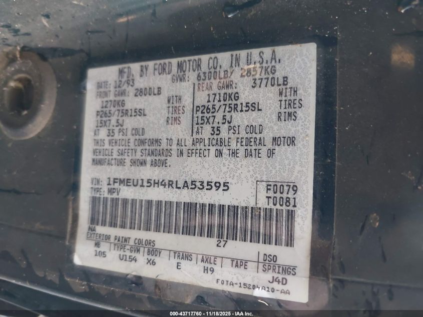 1994 Ford Bronco U100 VIN: 1FMEU15H4RLA53595 Lot: 43717760