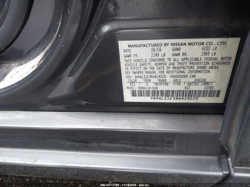 2006 Nissan Altima 2.5 S VIN: 1N4AL11E36N424026 Lot: 43717769