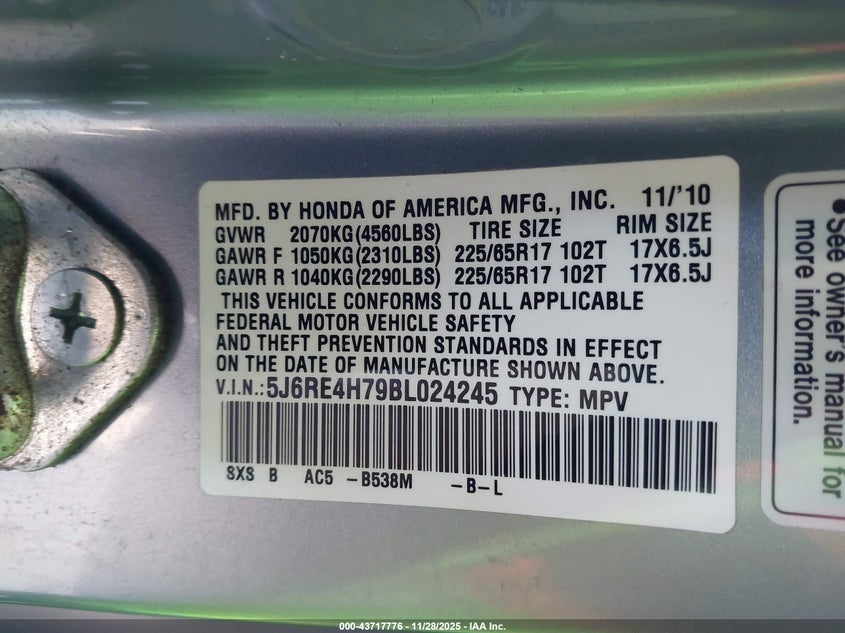 2011 Honda Cr-V Ex-L VIN: 5J6RE4H79BL024245 Lot: 43717776