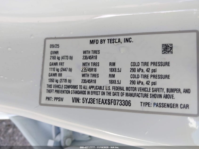 2025 Tesla Model 3 Long Range Rear-Wheel Drive/Standard VIN: 5YJ3E1EAXSF073306 Lot: 43717777