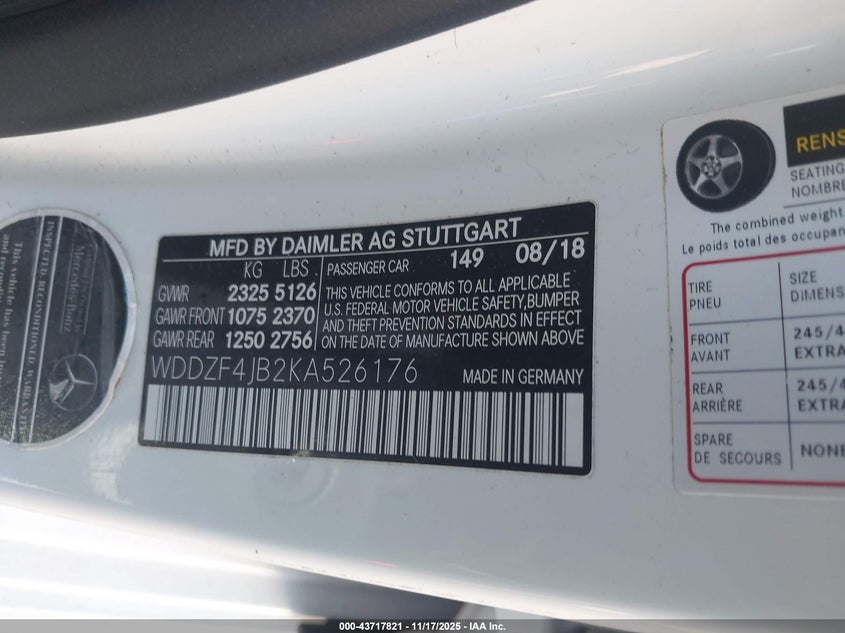 2019 Mercedes-Benz E 300 VIN: WDDZF4JB2KA526176 Lot: 43717821