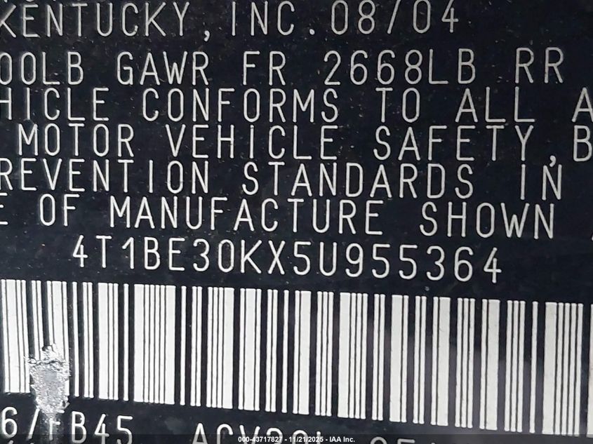 2005 Toyota Camry Le VIN: 4T1BE30KX5U955364 Lot: 43717827