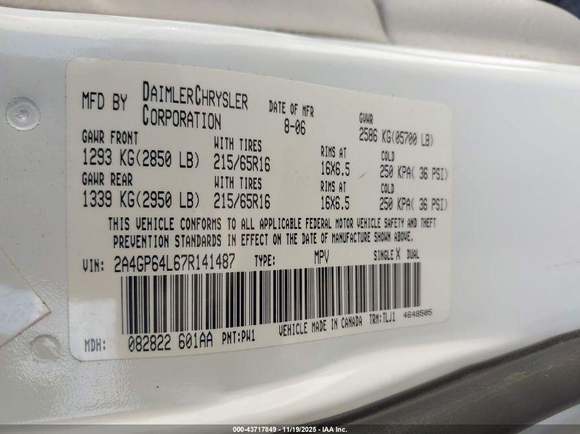 2007 Chrysler Town & Country Limited VIN: 2A4GP64L67R141487 Lot: 43717849