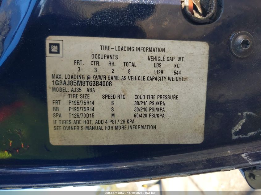 1996 Oldsmobile Ciera Sl VIN: 1G3AJ85M8T6384008 Lot: 43717852