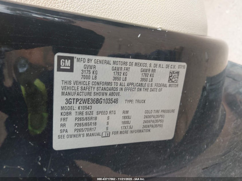 2011 GMC Sierra VIN: 3GTPZWE36BG103548 Lot: 43717862