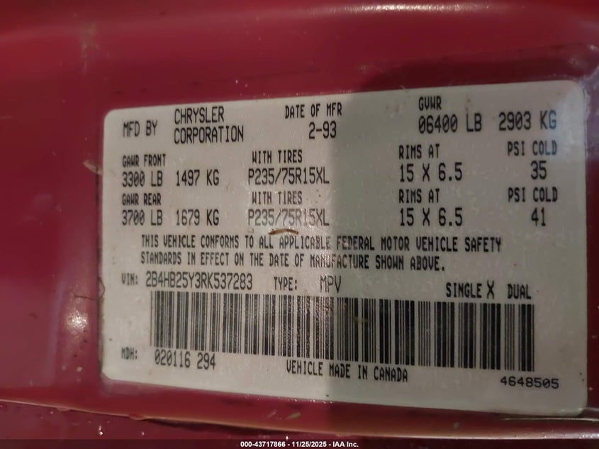 1994 Dodge Ram Wagon B250 VIN: 2B4HB25Y3RK537283 Lot: 43717866