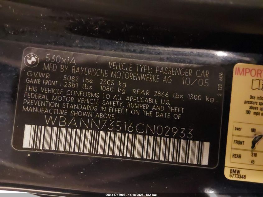 2006 BMW 530Xit VIN: WBANN73516CN02933 Lot: 43717903