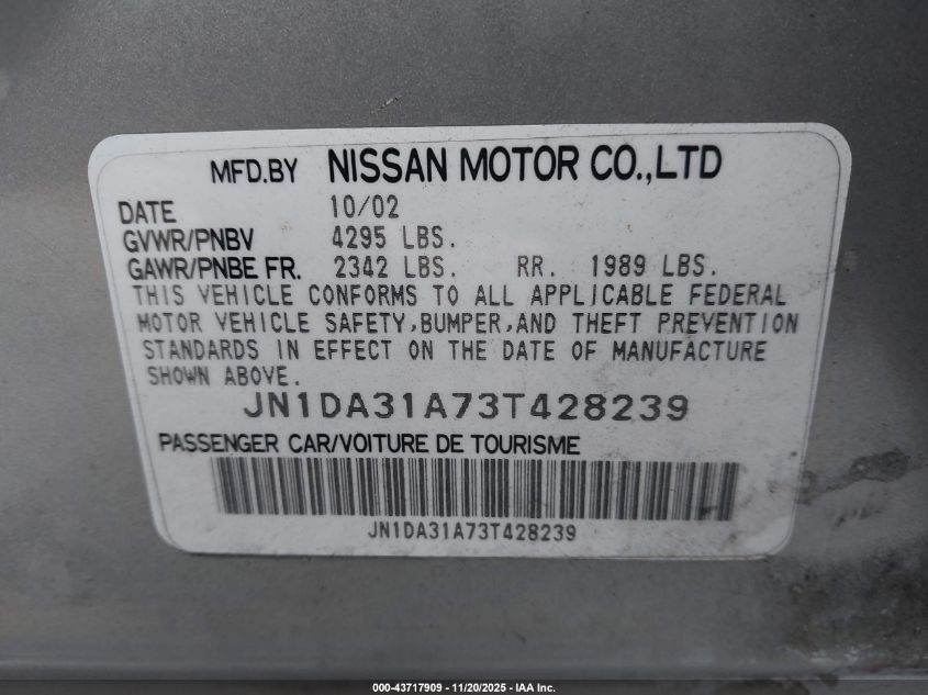 2003 Nissan Maxima Gle VIN: JN1DA31A73T428239 Lot: 43717909