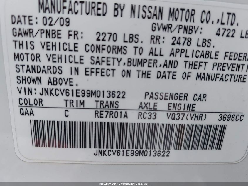 2009 Infiniti G37 Journey VIN: JNKCV61E99M013622 Lot: 43717915
