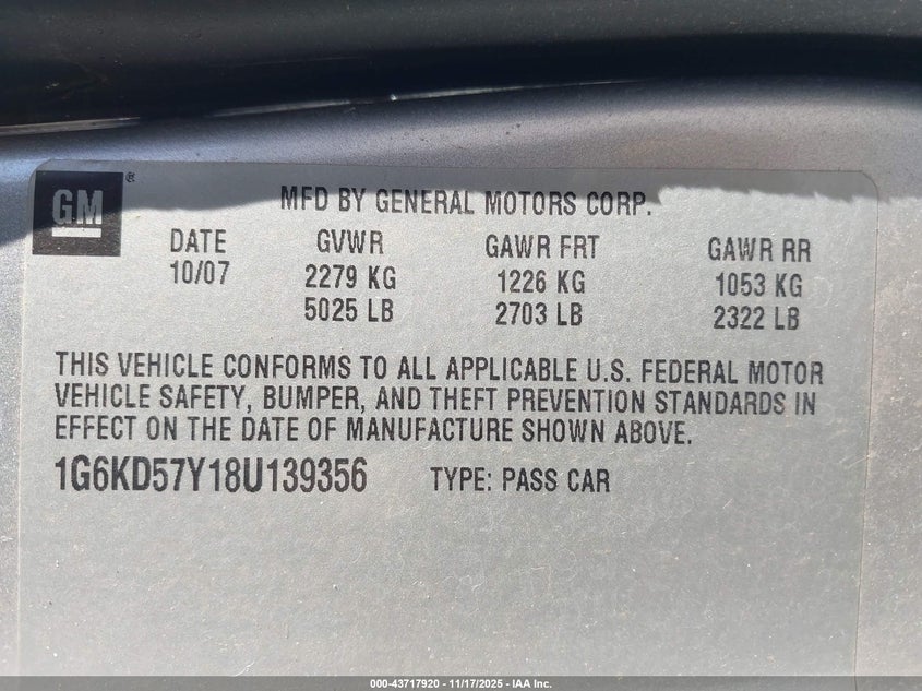 2008 Cadillac Dts 1Sc VIN: 1G6KD57Y18U139356 Lot: 43717920