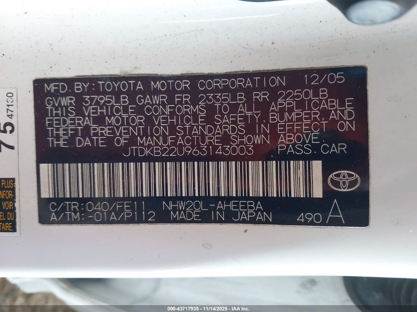 2006 Toyota Prius VIN: JTDKB22U963143003 Lot: 43717935