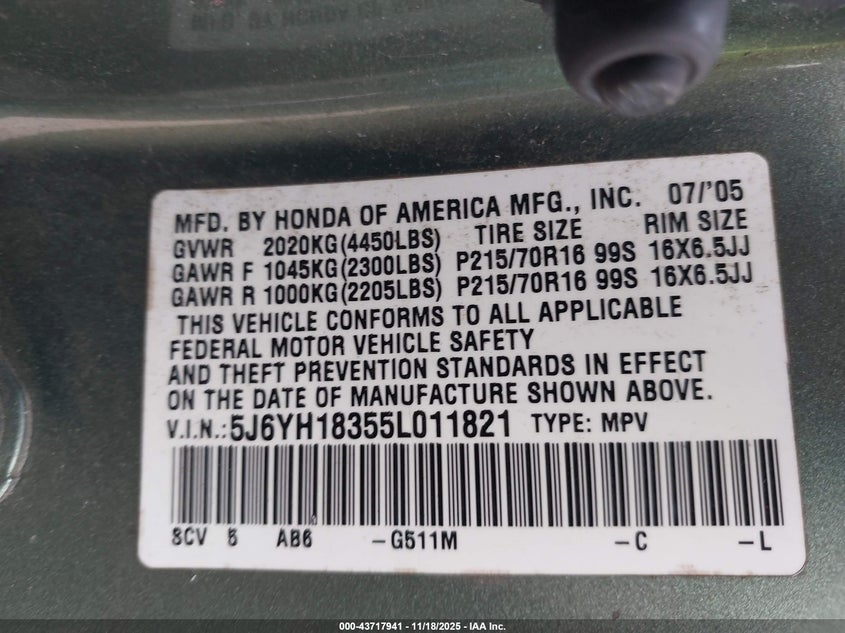 2005 Honda Element Lx VIN: 5J6YH18355L011821 Lot: 43717941