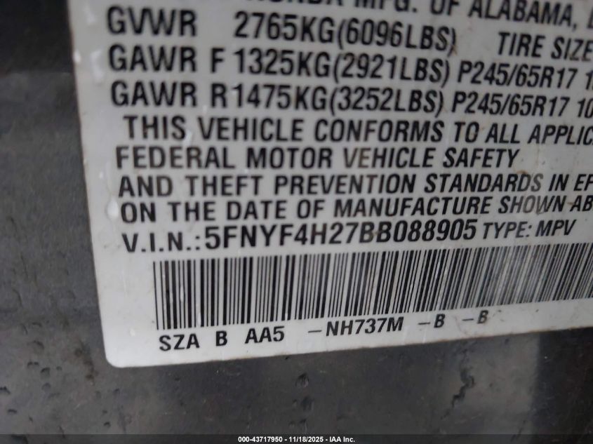 2011 Honda Pilot Lx VIN: 5FNYF4H27BB088905 Lot: 43717950