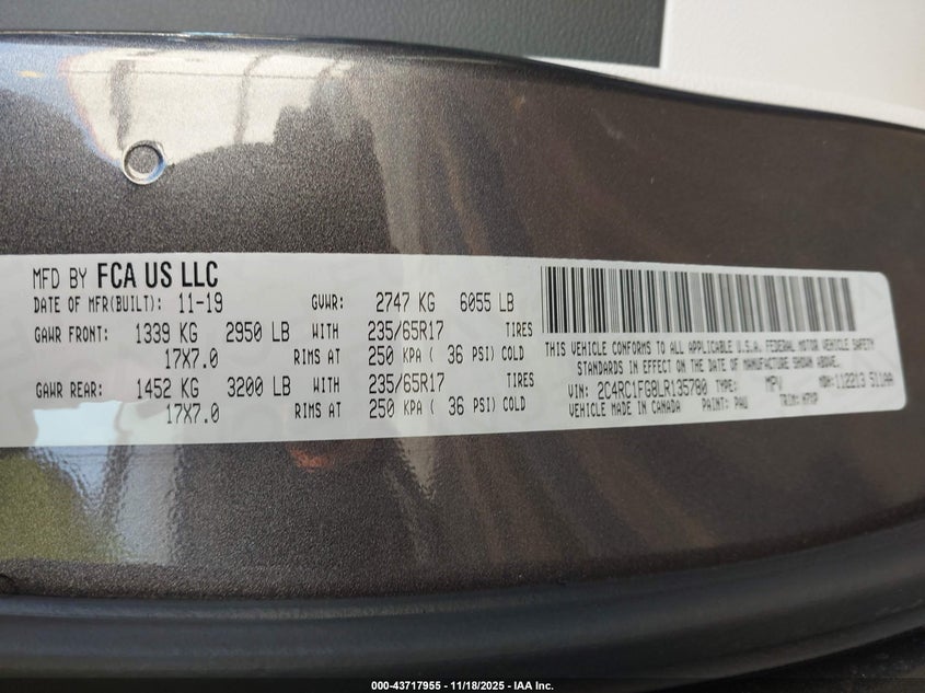 2020 Chrysler Pacifica Touring VIN: 2C4RC1FG8LR135780 Lot: 43717955