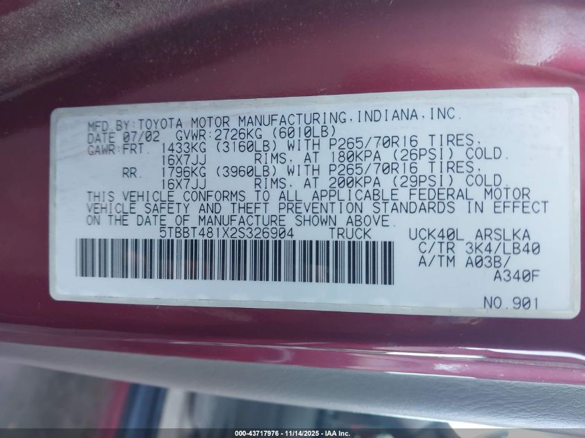 2002 Toyota Tundra Ltd V8 VIN: 5TBBT481X2S326904 Lot: 43717976