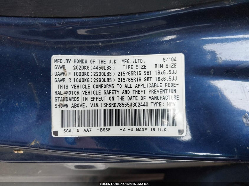 2005 Honda Cr-V Lx VIN: SHSRD78555U302440 Lot: 43717993