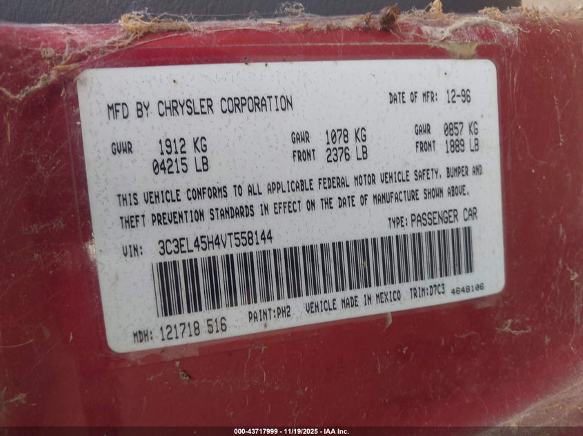 1997 Chrysler Sebring Jx VIN: 3C3EL45H4VT558144 Lot: 43717999