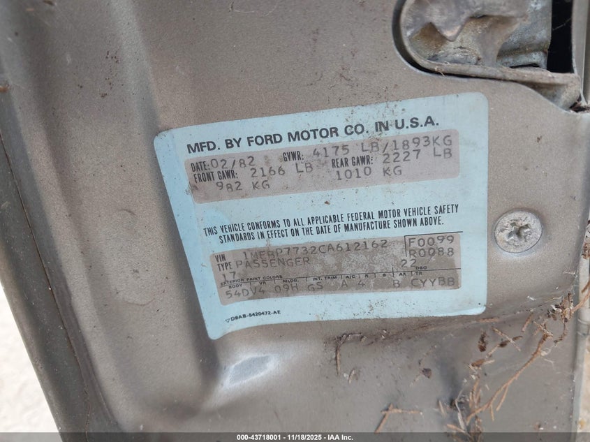 1982 Mercury Cougar VIN: 1MEBP7732CA612162 Lot: 43718001