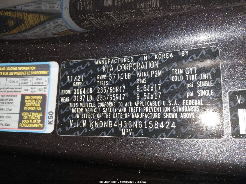 2022 Kia Carnival Mpv Lx Seat Package VIN: KNDNB4H33N6158424 Lot: 43718008