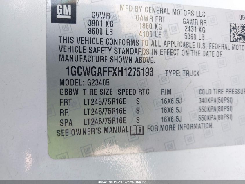 2017 Chevrolet Express 2500 Work Van VIN: 1GCWGAFFXH1275193 Lot: 43718011