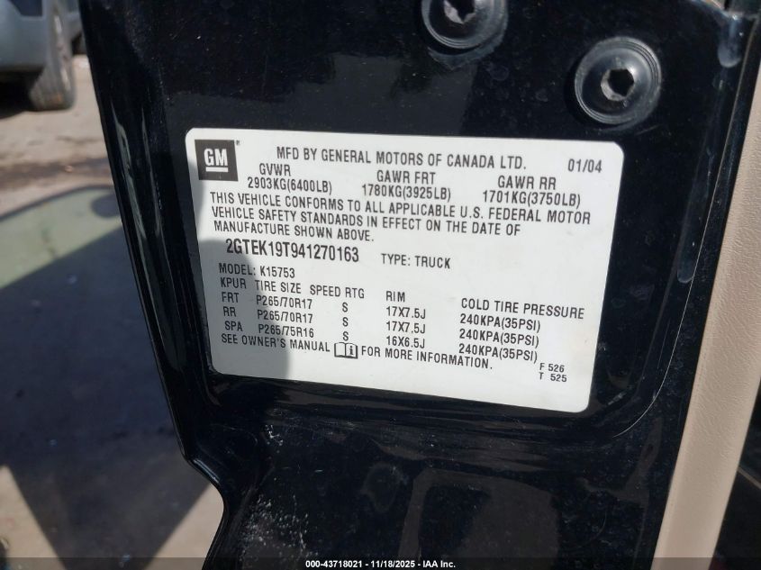 2004 GMC Sierra 1500 Slt VIN: 2GTEK19T941270163 Lot: 43718021