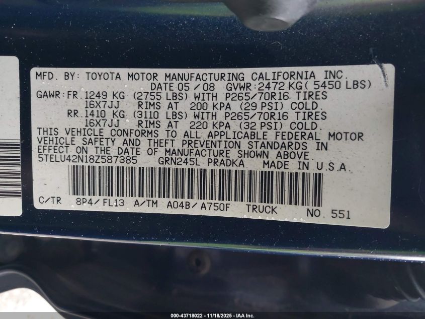 2008 Toyota Tacoma Base V6 VIN: 5TELU42N18Z587385 Lot: 43718022