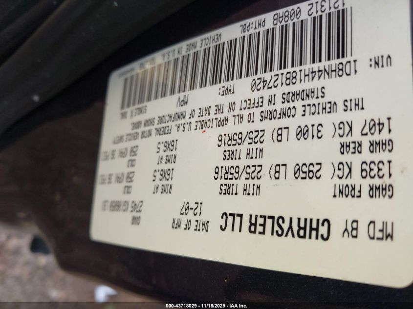 2008 Dodge Grand Caravan Se VIN: 1D8HN44H18B127420 Lot: 43718029