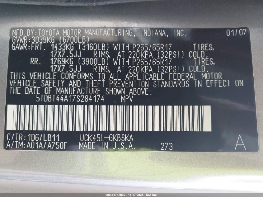 2007 Toyota Sequoia Sr5 V8 VIN: 5TDBT44A17S284174 Lot: 43718032