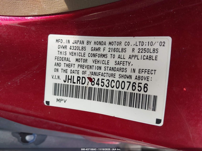 2003 Honda Cr-V Lx VIN: JHLRD78453C007656 Lot: 43718043