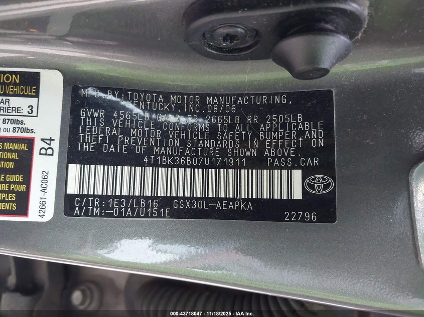 2007 Toyota Avalon Limited VIN: 4T1BK36B07U171911 Lot: 43718047