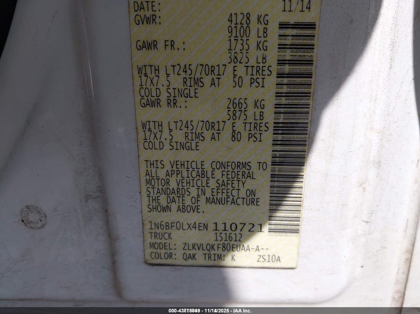 2014 Nissan Nv Cargo Nv2500 Hd S V6/Sv V6 VIN: 1N6BF0LX4EN110721 Lot: 43718049