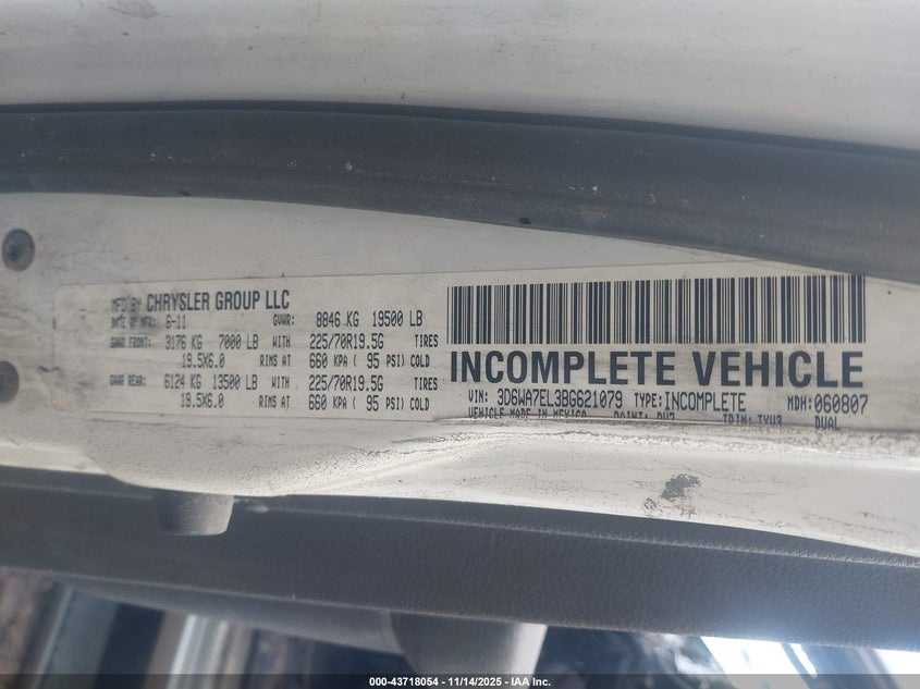 2011 Ram Ram 5500 Hd Chassis St/Slt VIN: 3D6WA7EL3BG621079 Lot: 43718054