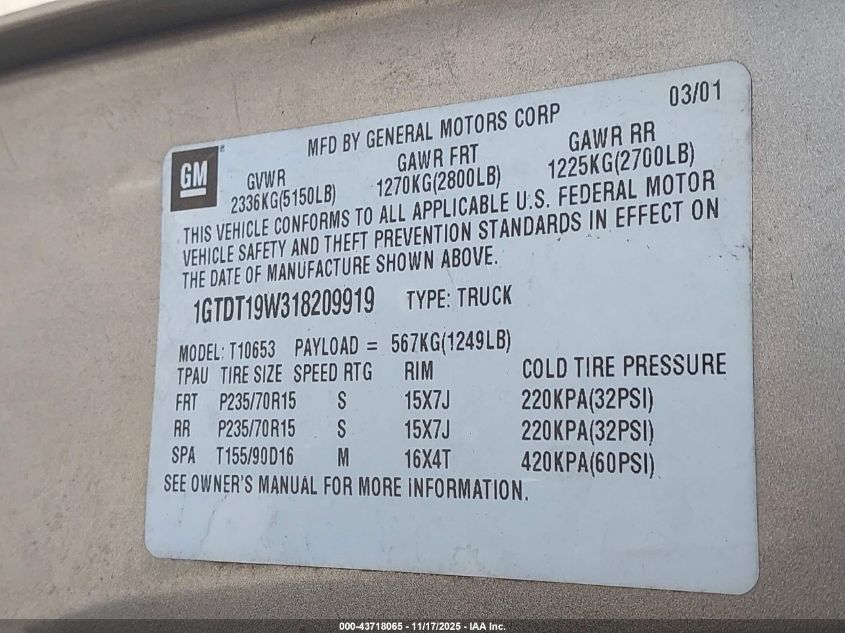 2001 GMC Sonoma Sls VIN: 1GTDT19W318209919 Lot: 43718065