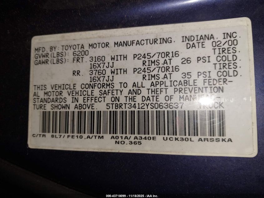 2000 Toyota Tundra Sr5 V8 VIN: 5TBRT3412YS063637 Lot: 43718099