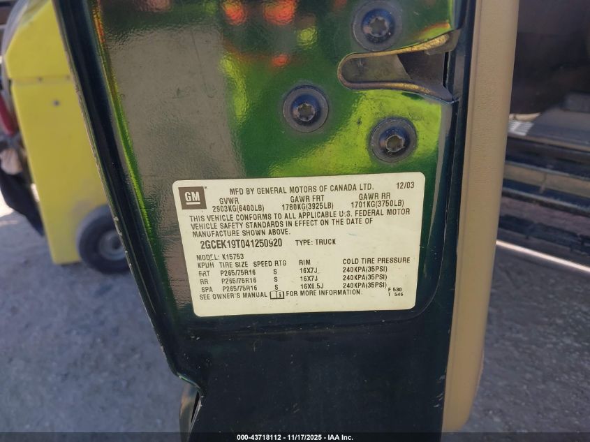 2004 Chevrolet Silverado 1500 Z71 VIN: 2GCEK19T041250920 Lot: 43718112