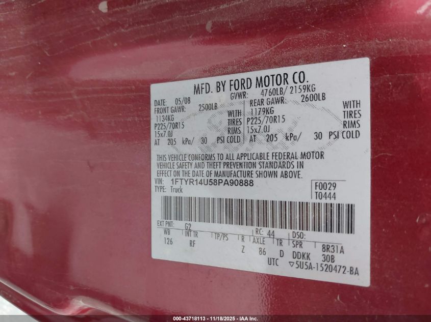 2008 Ford Ranger Sport/Xl/Xlt VIN: 1FTYR14U58PA90888 Lot: 43718113