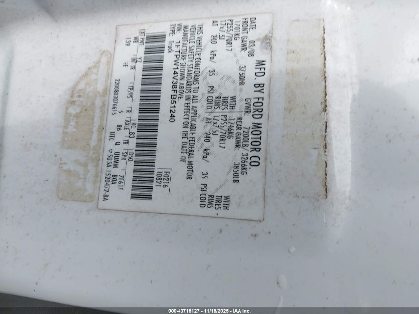 2008 Ford F-150 60Th Anniversary/Fx4/King Ranch/Lariat/Xlt VIN: 1FTPW14V38FB51240 Lot: 43718127