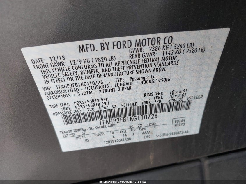 2019 Ford Taurus Sel VIN: 1FAHP2E81KG110726 Lot: 43718130