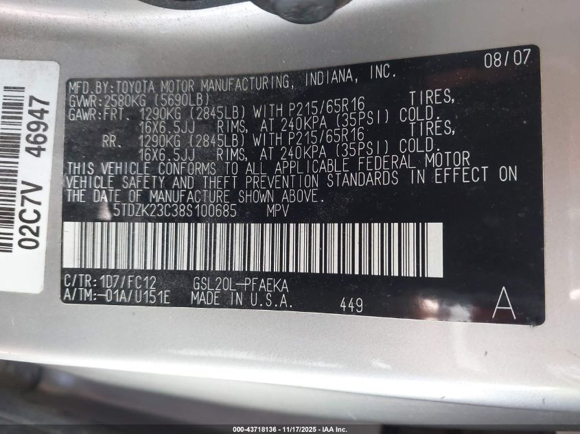 2008 Toyota Sienna Le VIN: 5TDZK23C38S100685 Lot: 43718136